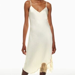 Aritzia Wilfred sonnet satin dress, cream with lace details.
